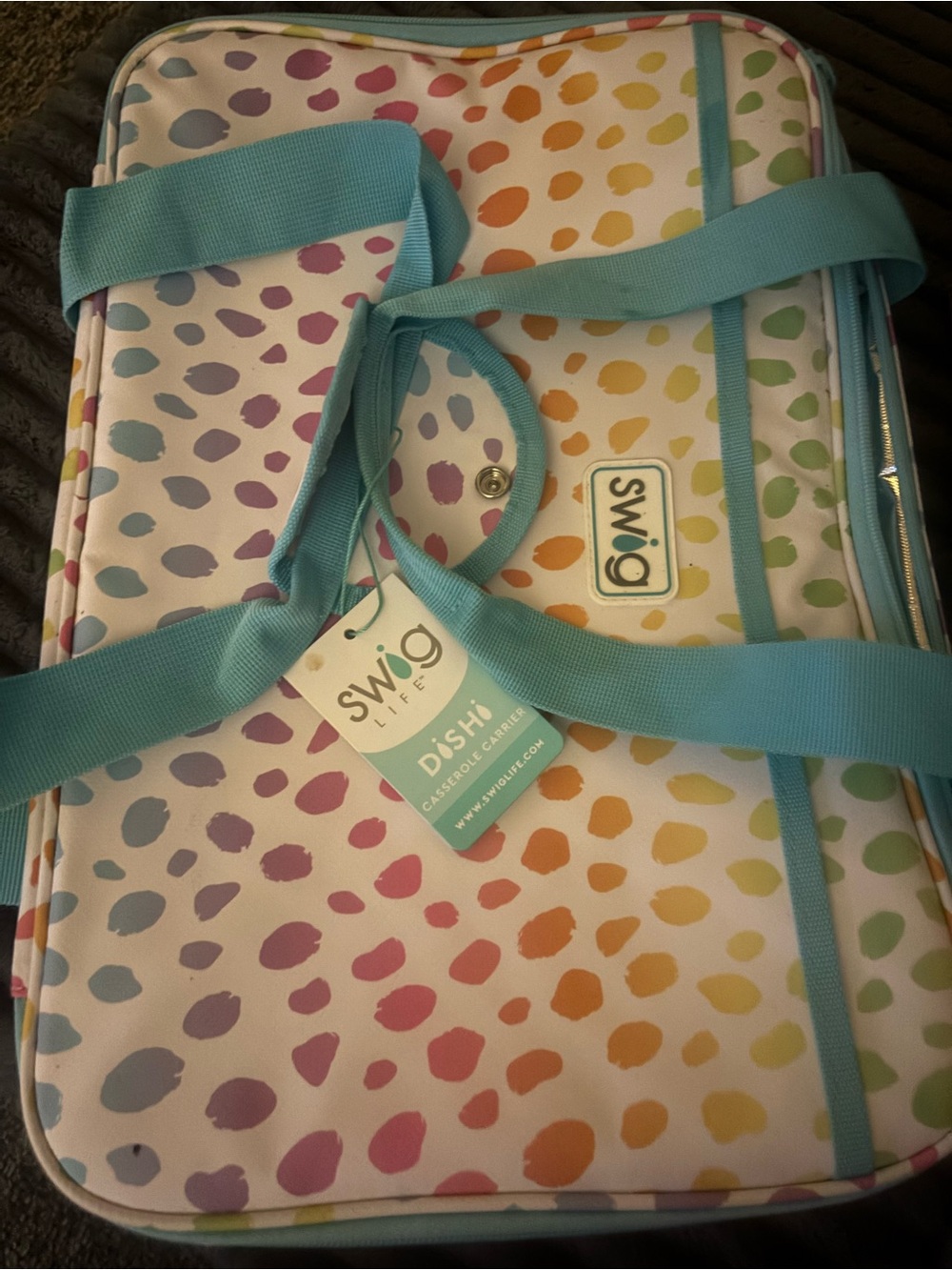Swig Life casserole carrier Rainbow Dot Insulated Tote with Aqua Trim